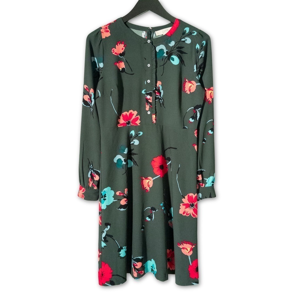 Ann Taylor Loft Dress Womens Size 2 Green Floral Long Sleeve Business Casual